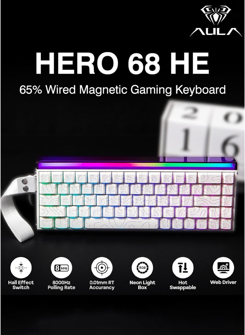 AULA Hero 68HE RGB Gaming Keyboard 65% Wired with Adjustable Actuation,Hall Effect Magnetic Switch,8KHz Polling Rate,RGB Backlit,Neon Lightbox,Tray Mount,Side Printed Keycap(White) - Image 1